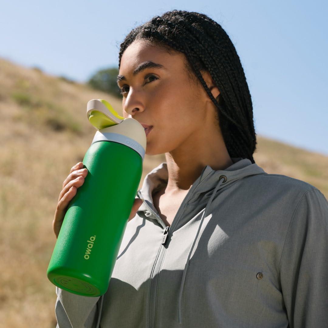 imageOwala FreeSip Insulated Stainless Steel Water Bottle with Straw BPAFree Sports Water Bottle Great for Travel 32 Oz Black CherryPutting Green