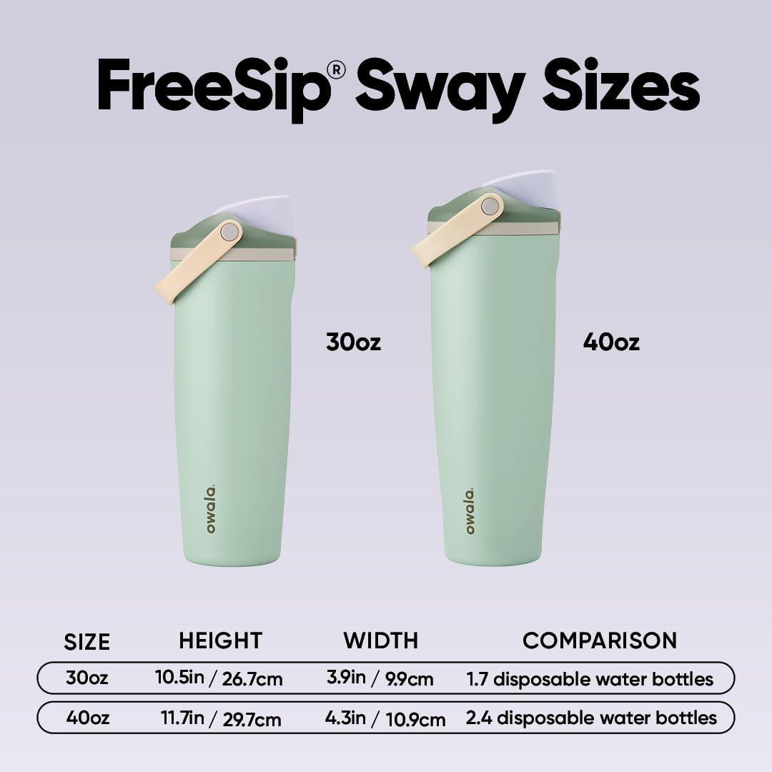 imageOwala FreeSip Sway Insulated Stainless Steel Water Bottle with TwoWay Spout BuiltIn Straw and Bucket Handle Made for Travel School and Sports 40oz BPA Free Leak Proof Foggy TideEucalyptus