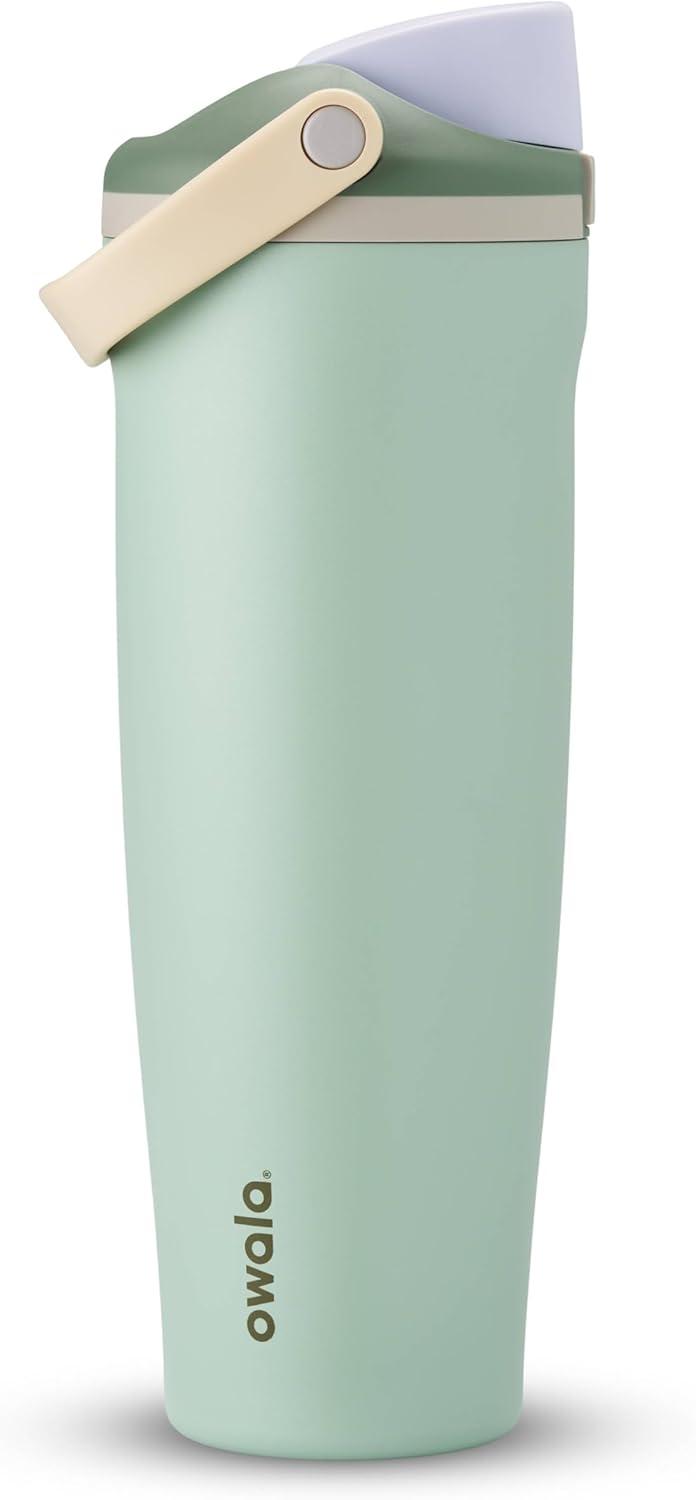 imageOwala FreeSip Sway Insulated Stainless Steel Water Bottle with TwoWay Spout BuiltIn Straw and Bucket Handle Made for Travel School and Sports 40oz BPA Free Leak Proof Foggy TideEucalyptus