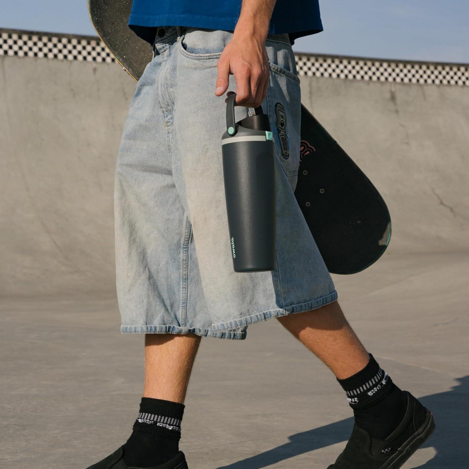 imageOwala FreeSip Sway Insulated Stainless Steel Water Bottle with TwoWay Spout BuiltIn Straw and Bucket Handle Made for Travel School and Sports 40oz BPA Free Leak Proof Foggy TideFoggy Tide