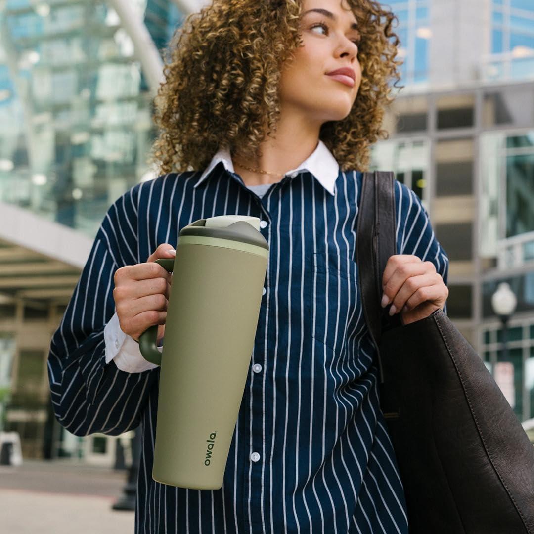 imageOwala FreeSip Tumbler Insulated Stainless Steel Water Bottle with Builtin Straw and Side Handle For Travel Work School and Sports 40oz BPA Free Leak Proof Foggy TideOff Road