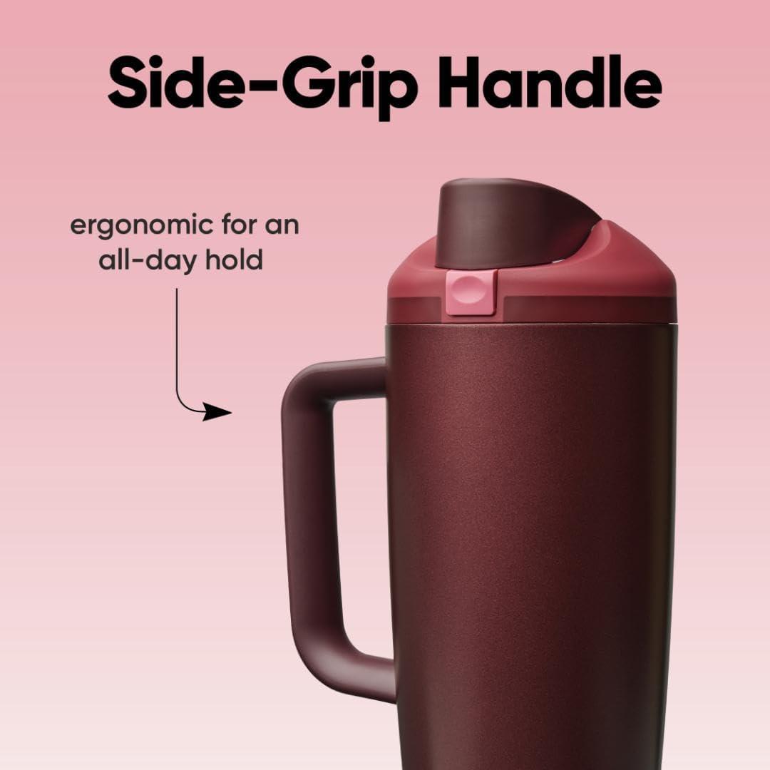 imageOwala FreeSip Tumbler Insulated Stainless Steel Water Bottle with Builtin Straw and Side Handle For Travel Work School and Sports 40oz BPA Free Leak Proof Foggy TideBlack Cherry