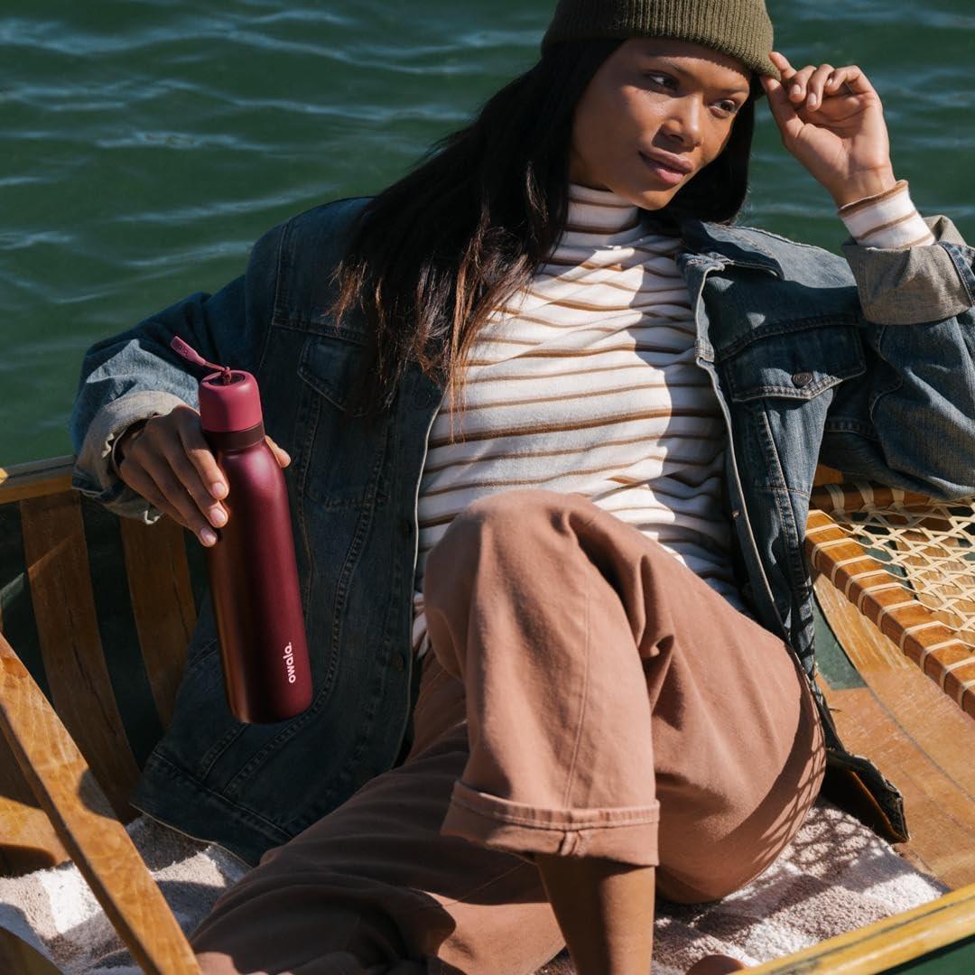 imageOwala FreeSip Twist Insulated Stainless Steel Water Bottle with Straw for Sports and Travel BPAFree 24oz In BloomBlack Cherry