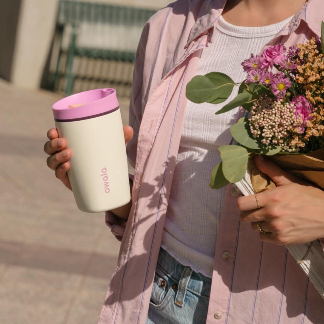 imageOwala SmoothSip Slider Stainless Steel Insulated Travel Mug 100 Leak Proof For Hot and Cold Drinks Travel Friendly with Sliding Lock Lid 24 oz BPA Free Leak Proof PinkTan DaybreakDaybreak