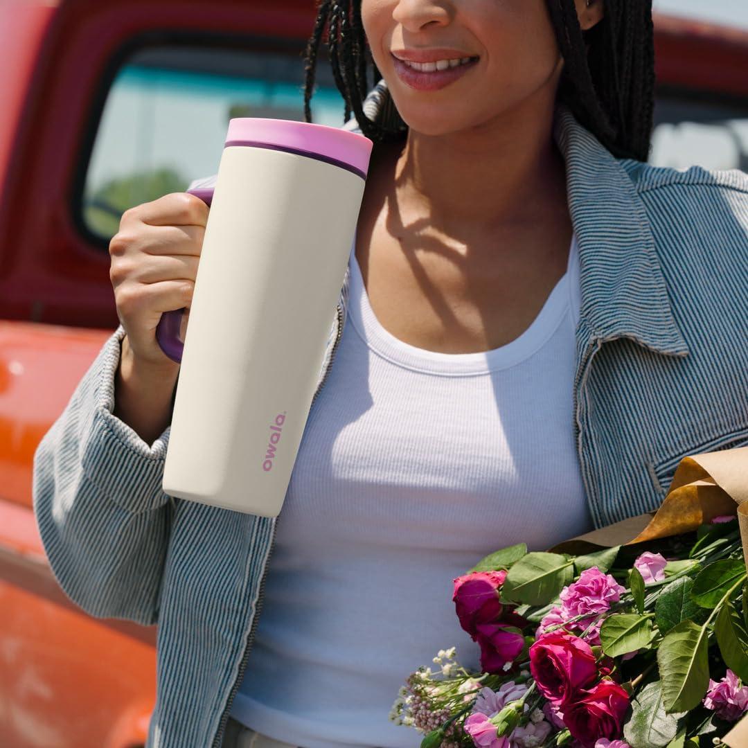 imageOwala SmoothSip Slider Stainless Steel Insulated Travel Mug 100 Leak Proof For Hot and Cold Drinks Travel Friendly with Sliding Lock Lid 24 oz BPA Free Leak Proof PinkTan DaybreakHigh Dive