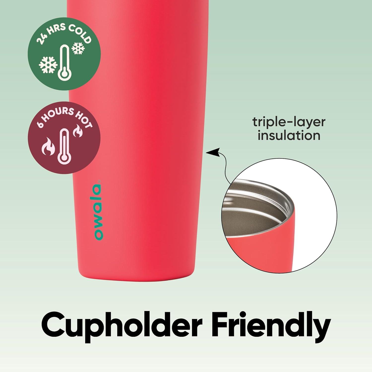 imageOwala SmoothSip Slider Stainless Steel Insulated Travel Mug 100 Leak Proof For Hot and Cold Drinks Travel Friendly with Sliding Lock Lid 24 oz BPA Free Leak Proof PinkTan DaybreakStrawberry Fields