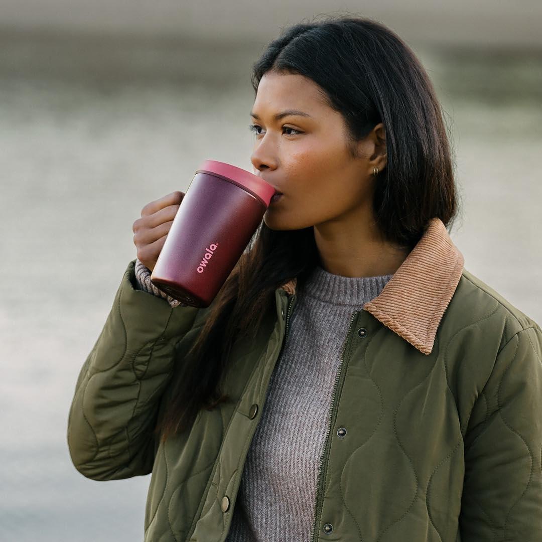 imageOwala SmoothSip Slider Stainless Steel Insulated Travel Mug 100 Leak Proof For Hot and Cold Drinks Travel Friendly with Sliding Lock Lid 24 oz BPA Free Leak Proof PinkTan DaybreakBlack Cherry