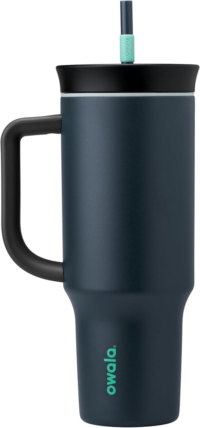 imageOwala Stainless Steel Triple Layer Insulated Travel Tumbler with Spill Resistant Lid Straw and Carry Handle BPA Free 40 oz Gray Foggy TideFoggy Tide