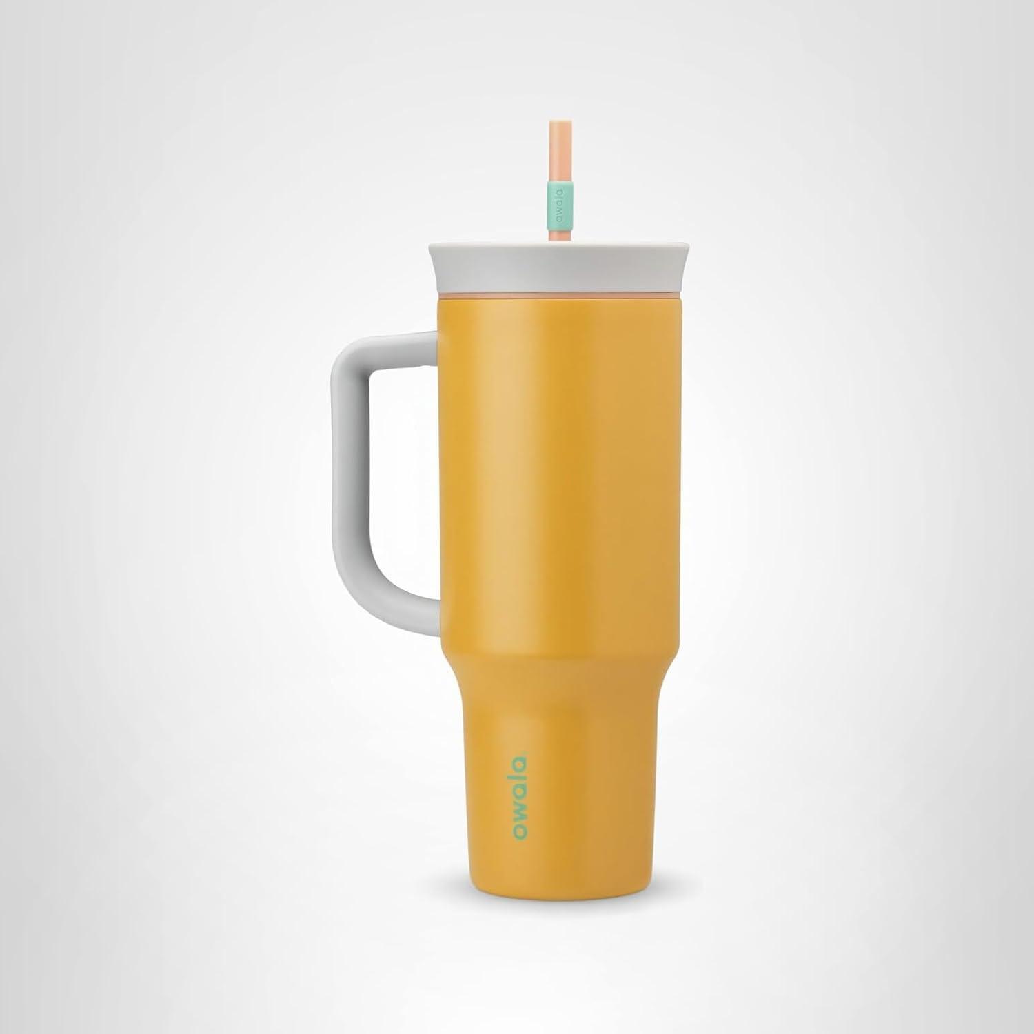 imageOwala Stainless Steel Triple Layer Insulated Travel Tumbler with Spill Resistant Lid Straw and Carry Handle BPA Free 40 oz Gray Foggy TideTropical