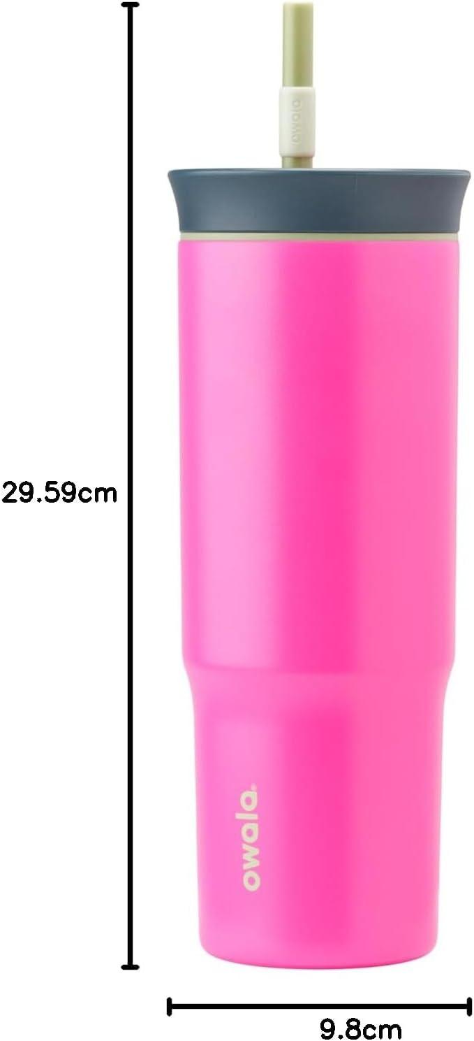 imageOwala Stainless Steel Triple Layer Insulated Travel Tumbler with Spill Resistant Lid Straw and Carry Handle BPA Free 40 oz Gray Foggy TideWatermelon Breeze