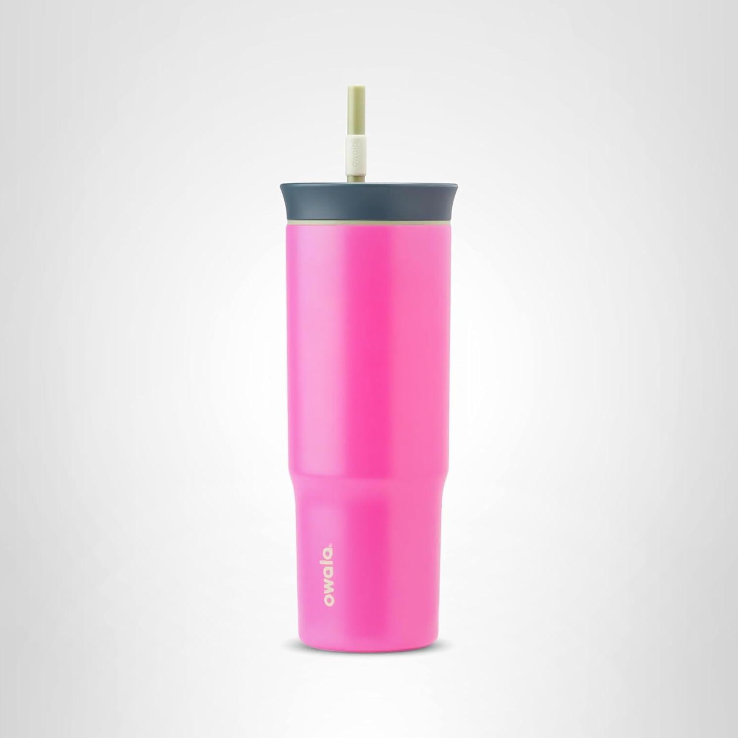 imageOwala Stainless Steel Triple Layer Insulated Travel Tumbler with Spill Resistant Lid Straw and Carry Handle BPA Free 40 oz Gray Foggy TideWatermelon Breeze