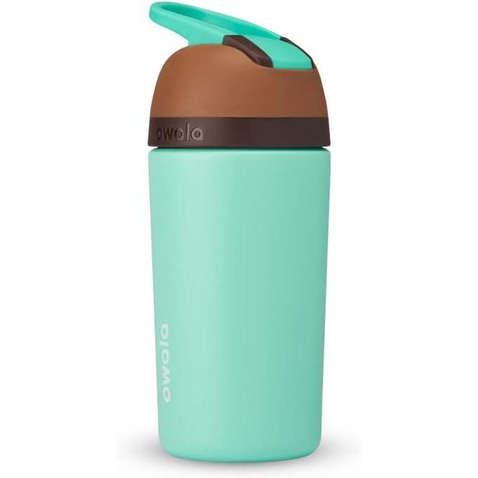 imageOwala Kids Flip Insulated StainlessSteel Water Bottle with Straw and Locking Lid 14Ounce OrangeYellow Misty HorizonBrown Teal