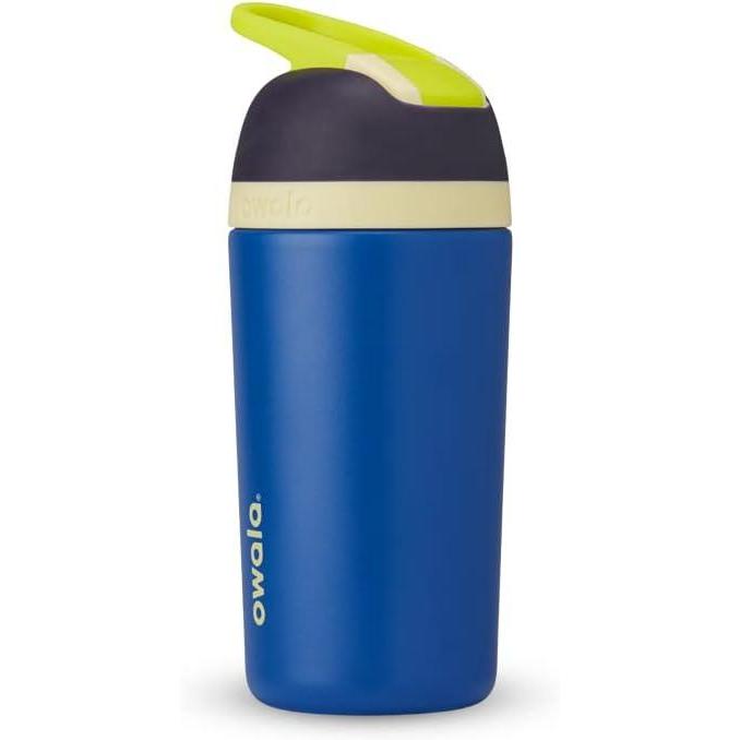 imageOwala Kids Flip Insulated StainlessSteel Water Bottle with Straw and Locking Lid 14Ounce OrangeYellow Misty HorizonNavy Blue