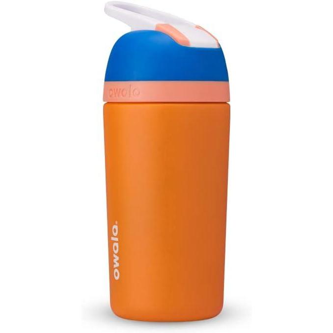 imageOwala Kids Flip Insulated StainlessSteel Water Bottle with Straw and Locking Lid 14Ounce OrangeYellow Misty HorizonOrange Blue