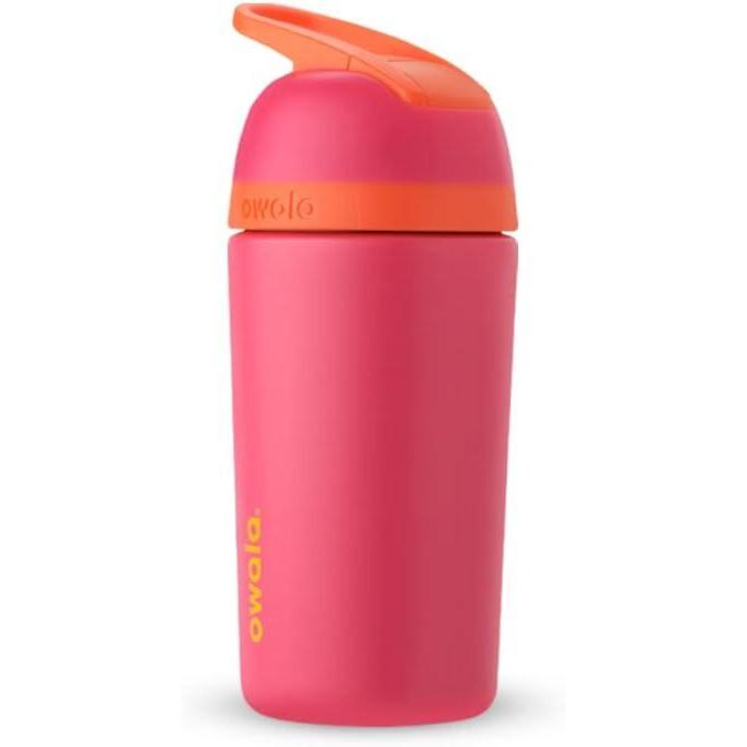 imageOwala Kids Flip Insulated StainlessSteel Water Bottle with Straw and Locking Lid 14Ounce OrangeYellow Misty HorizonPink
