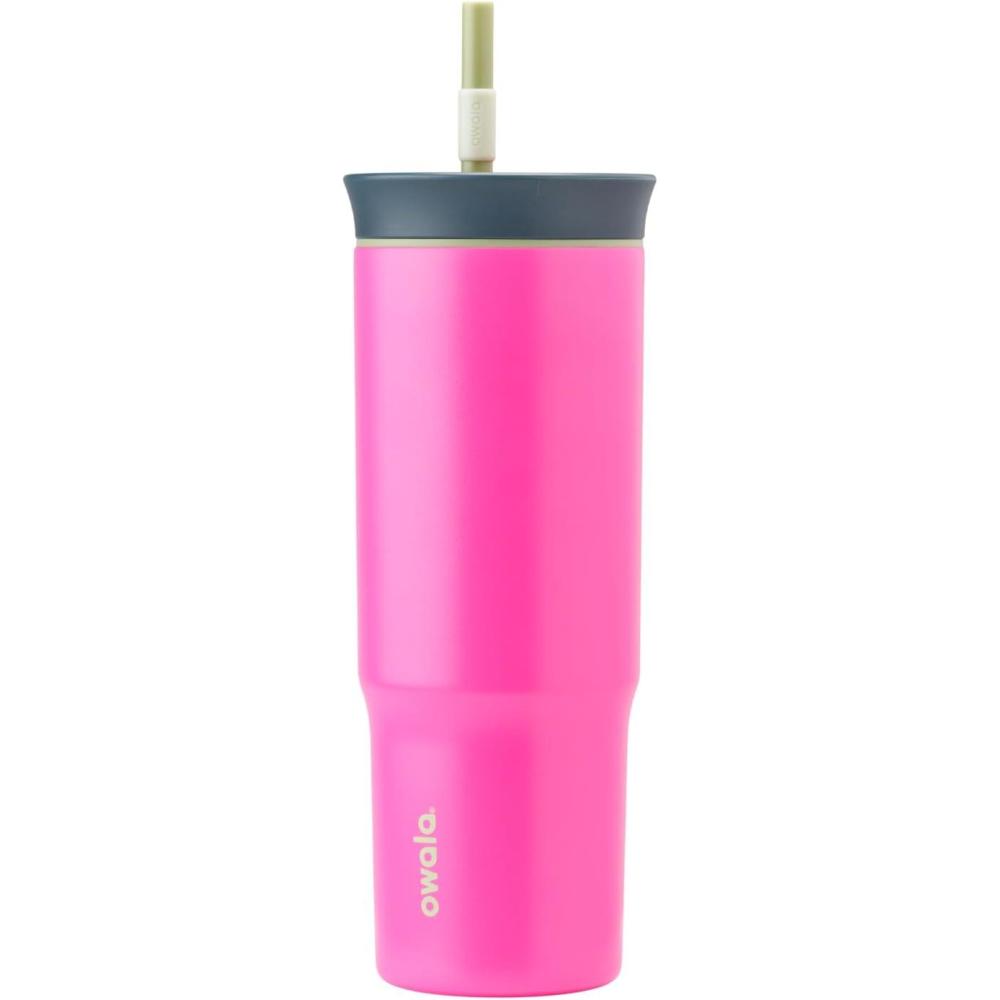 imageOwala Stainless Steel Triple Layer Insulated Travel Tumbler with Spill Resistant Lid Straw and Carry Handle BPA Free 40 oz Gray Foggy TideWatermelon Breeze