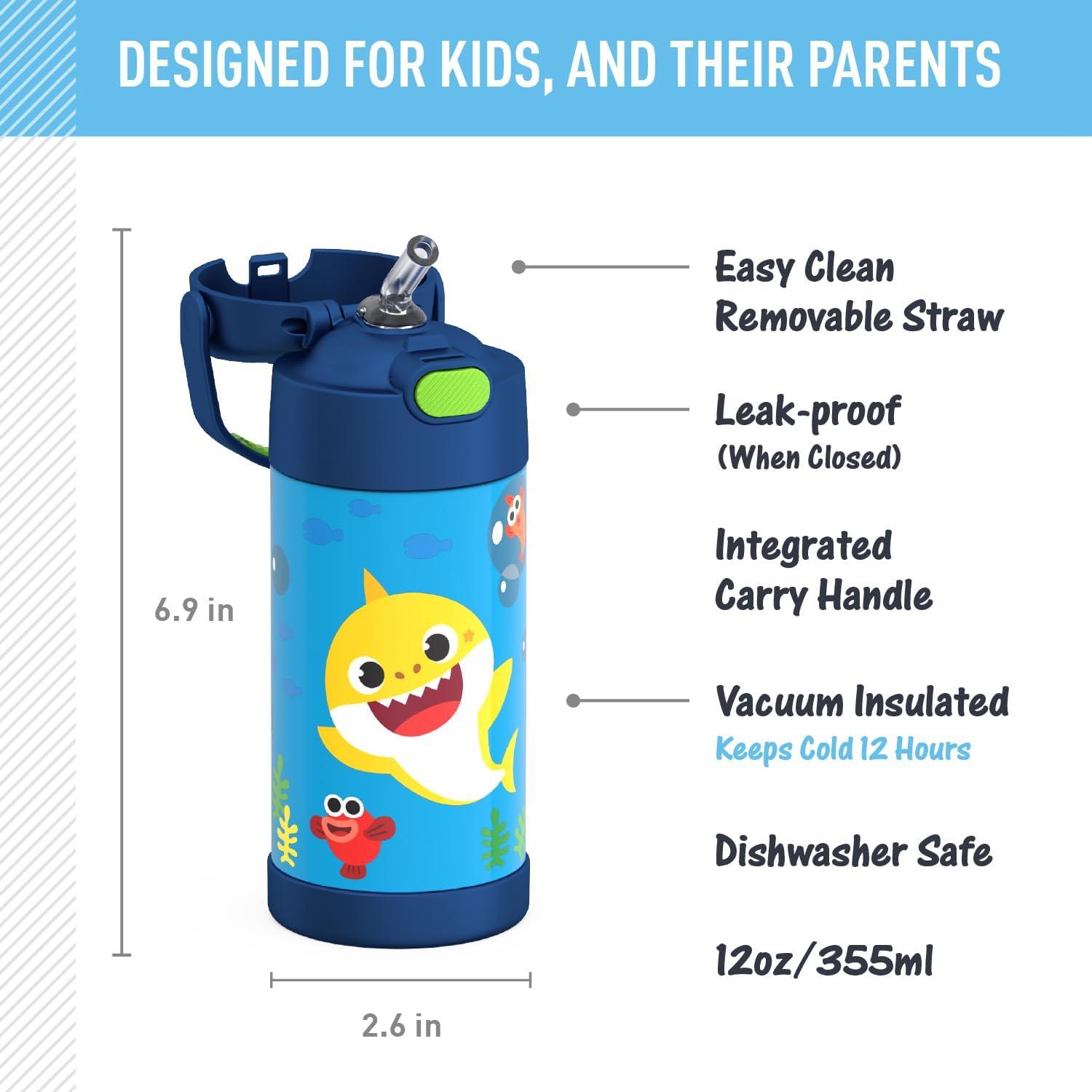 imageTHERMOS FUNTAINER Water Bottle with Straw 12 Ounce Kids Stainless Steel Vacuum Insulated Water Bottle with Lid BlueyBaby Shark