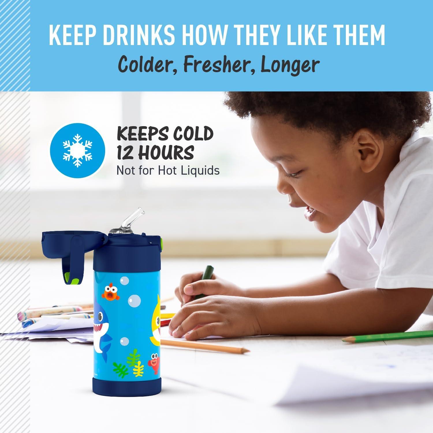 imageTHERMOS FUNTAINER Water Bottle with Straw 12 Ounce Kids Stainless Steel Vacuum Insulated Water Bottle with Lid BlueyBaby Shark