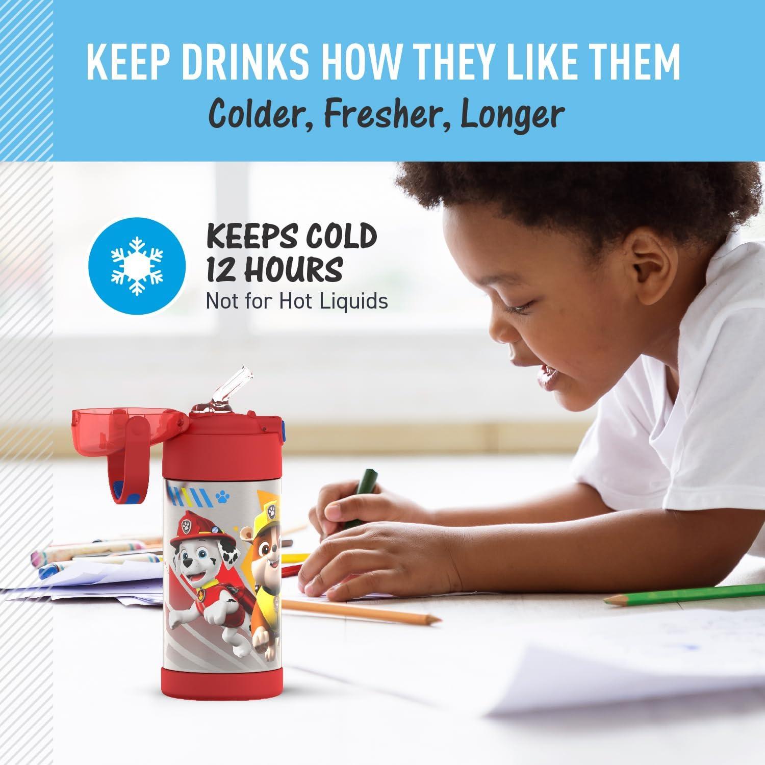 imageTHERMOS FUNTAINER Water Bottle with Straw 12 Ounce Kids Stainless Steel Vacuum Insulated Water Bottle with Lid BlueyPaw Patrol Boy