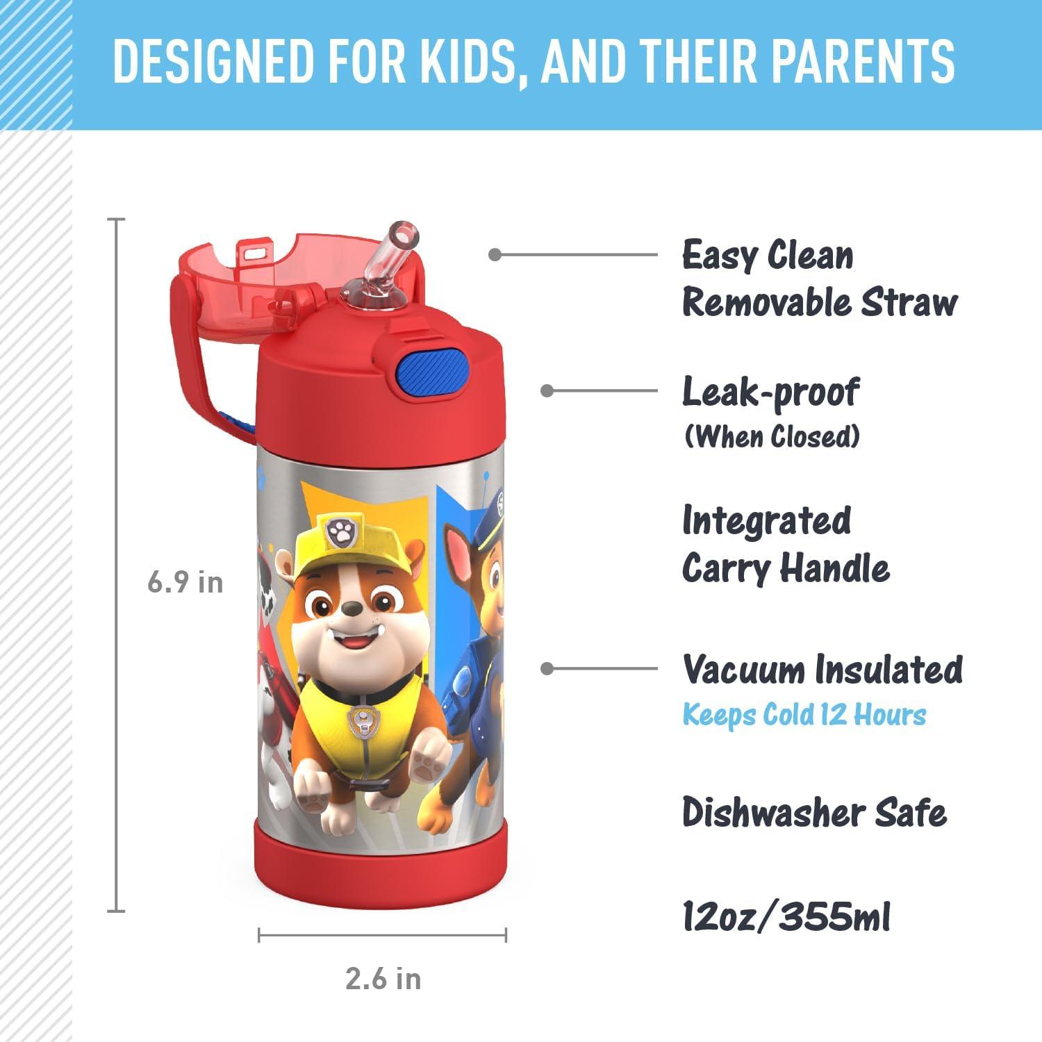 imageTHERMOS FUNTAINER Water Bottle with Straw 12 Ounce Kids Stainless Steel Vacuum Insulated Water Bottle with Lid BlueyPaw Patrol Boy