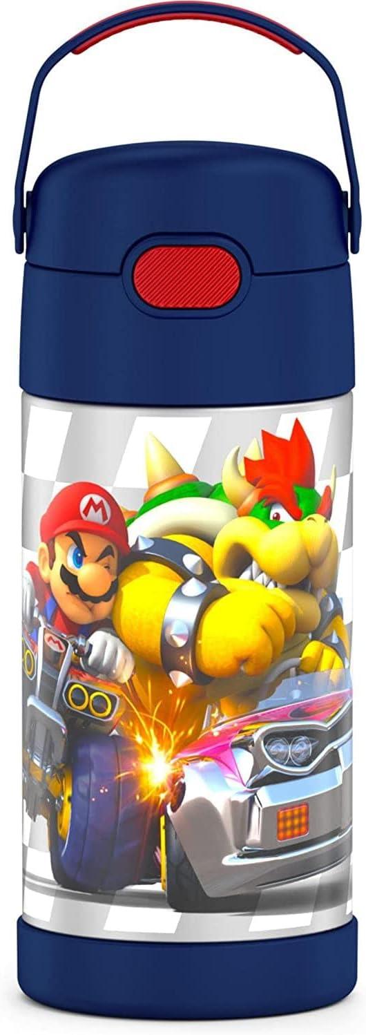 imageTHERMOS FUNTAINER Water Bottle with Straw 12 Ounce Kids Stainless Steel Vacuum Insulated Water Bottle with Lid BlueySuper Mario Brothers