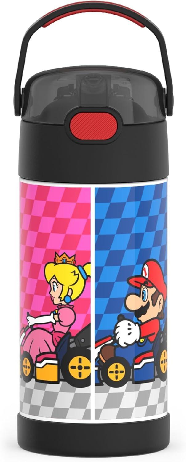 imageTHERMOS FUNTAINER Water Bottle with Straw 12 Ounce Kids Stainless Steel Vacuum Insulated Water Bottle with Lid BlueySuper Mario Brothers