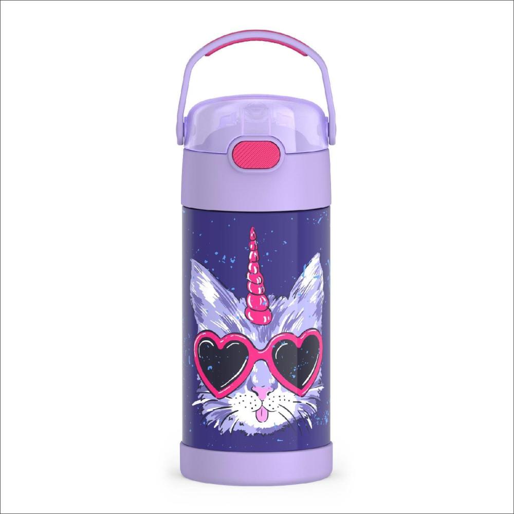 imageTHERMOS FUNTAINER 12 Ounce Stainless Steel Vacuum Insulated Kids Straw Bottle BlueCool Caticorns