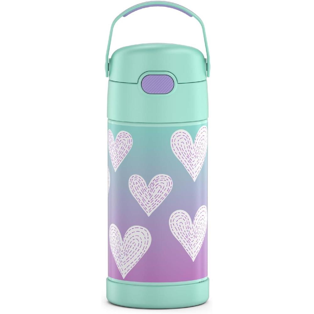 imageTHERMOS FUNTAINER 12 Ounce Stainless Steel Vacuum Insulated Kids Straw Bottle BluePurple Hearts