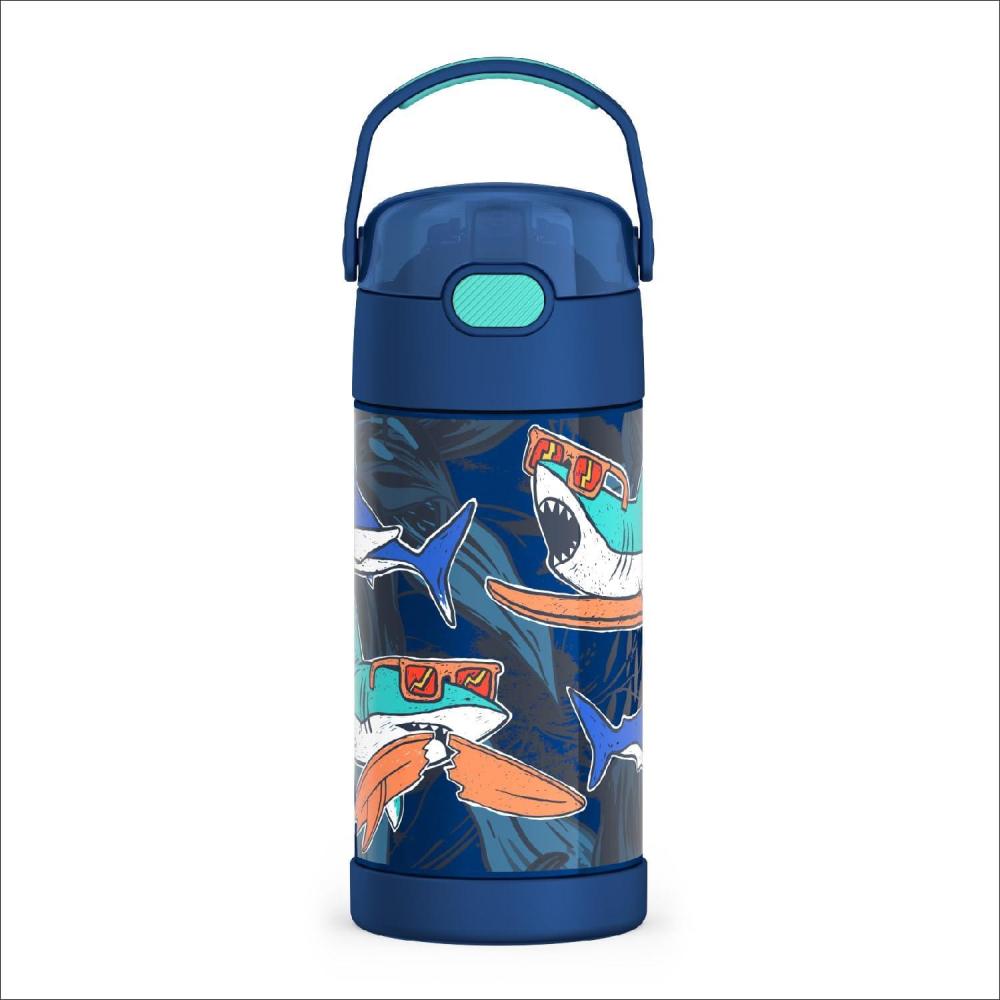 imageTHERMOS FUNTAINER 12 Ounce Stainless Steel Vacuum Insulated Kids Straw Bottle BlueSurfin Sharks