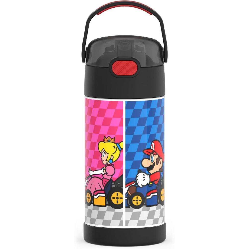 imageTHERMOS FUNTAINER Water Bottle with Straw 12 Ounce Kids Stainless Steel Vacuum Insulated Water Bottle with Lid BlueySuper Mario Brothers