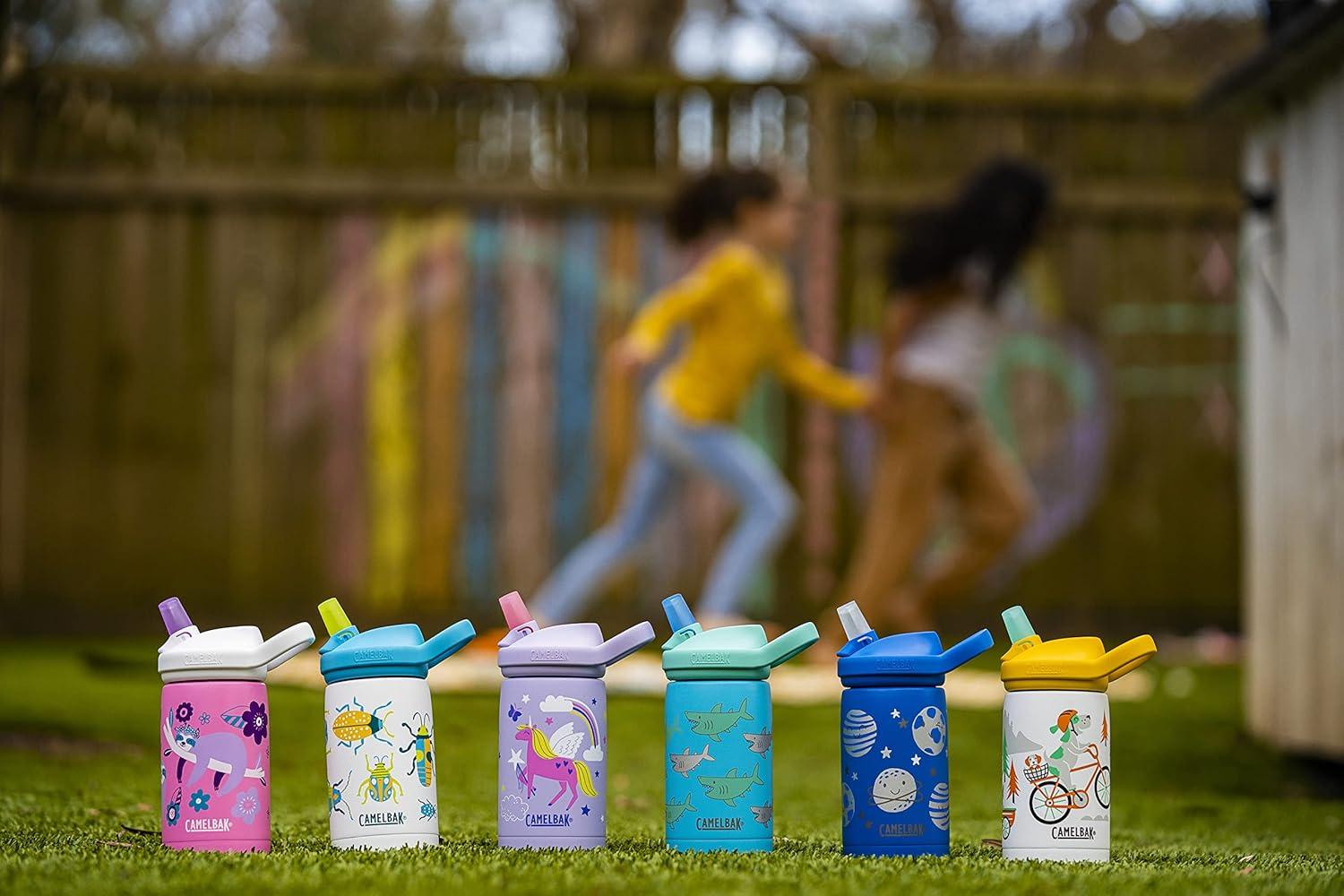 imageCamelBak Eddy Kids Bite Valve Straw Insulated Stainless Steel Water Bottle Biking Dogs 12ozBugs