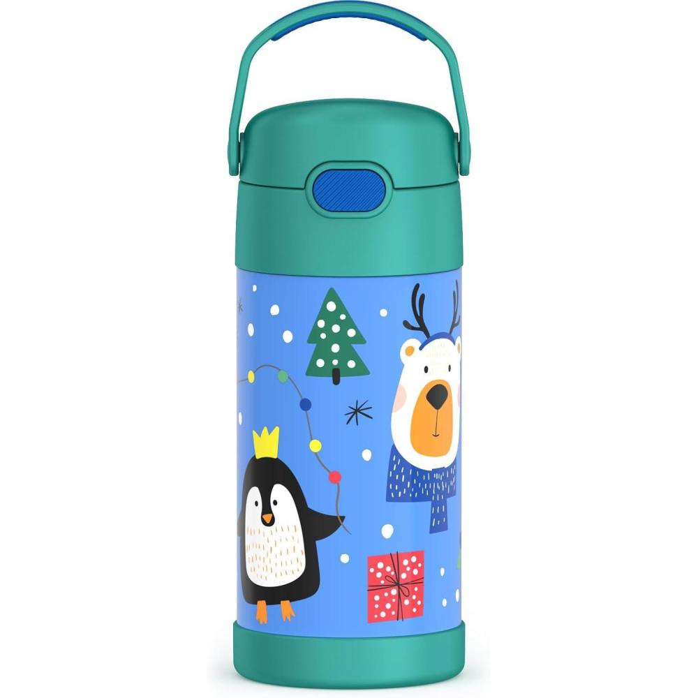imageTHERMOS FUNTAINER Water Bottle with Straw  12 Ounce  Kids Stainless Steel Vacuum Insulated Water Bottle with Lid RainbowsPenguin