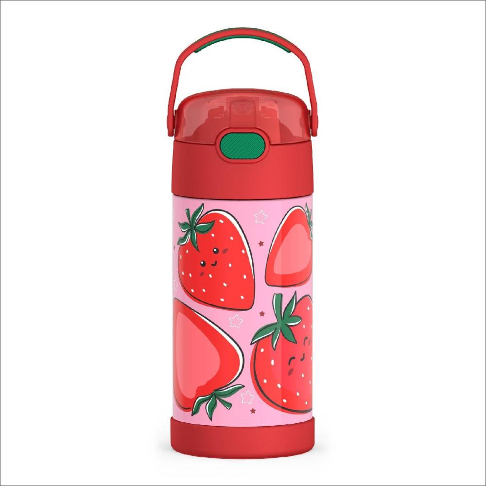 imageTHERMOS FUNTAINER Water Bottle with Straw  12 Ounce  Kids Stainless Steel Vacuum Insulated Water Bottle with Lid RainbowsStrawberry Smiles