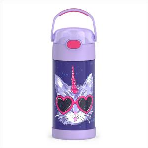 THERMOS FUNTAINER Water Bottle with Straw – 12 Ounce – Kids Stainless Steel Vacuum Insulated Water Bottle with Lid, Rainbows(Cool Caticorns)