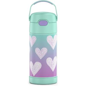 THERMOS FUNTAINER Water Bottle with Straw – 12 Ounce – Kids Stainless Steel Vacuum Insulated Water Bottle with Lid, Rainbows(Purple Hearts)