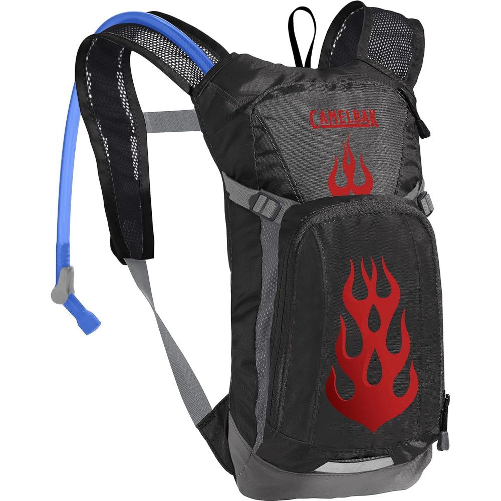 imageCamelBak Mini MULE Kids 50oz Hydration Reservoir Hike and Bike BackpackBlack and RedFlames
