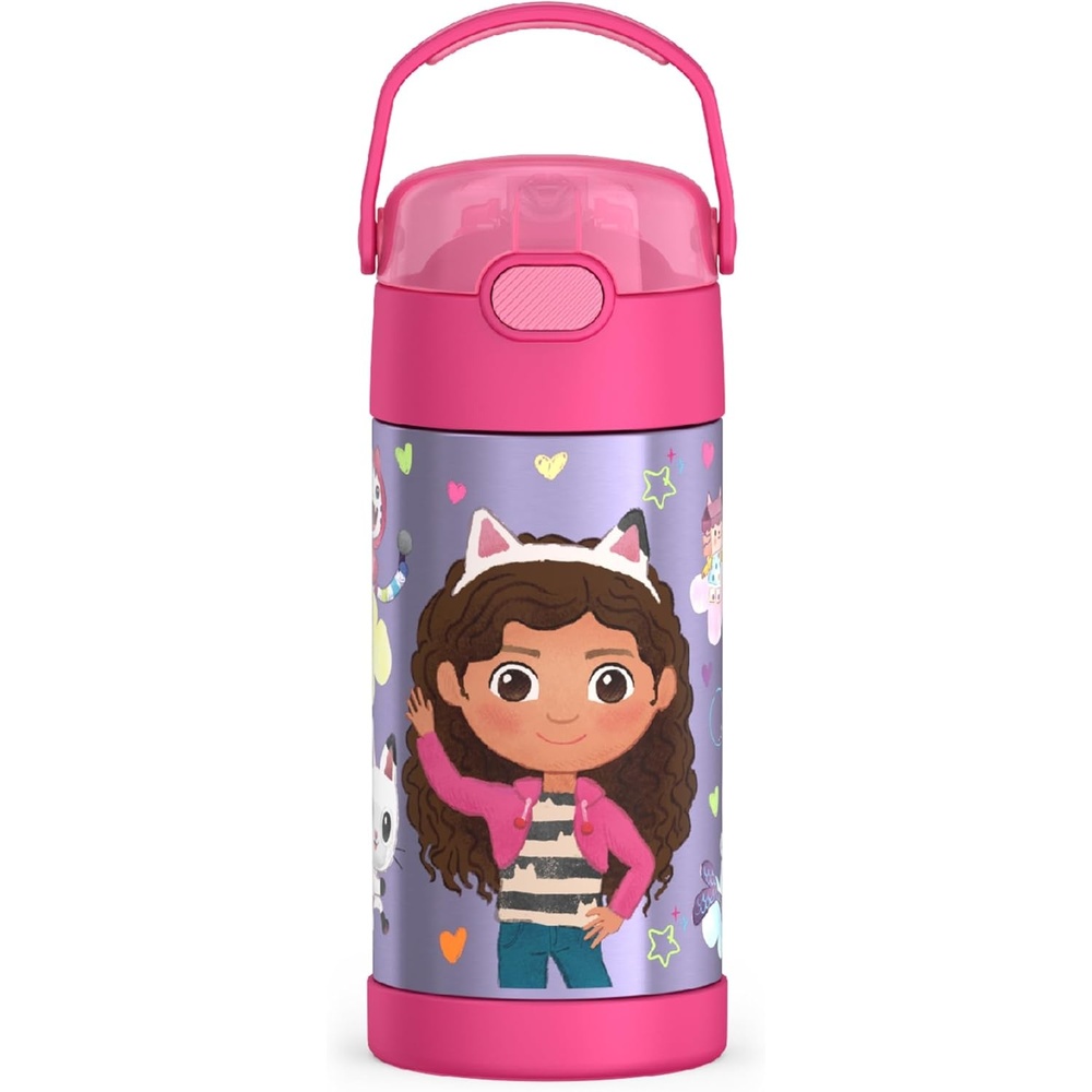 imageTHERMOS FUNTAINER Water Bottle with Straw  12 Ounce  Kids Stainless Steel Vacuum Insulated Water Bottle with Lid Hot WheelsGabbys Dollhouse 12 Ounces Pack of 6