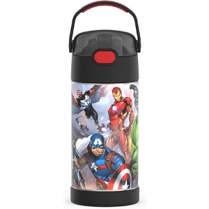 THERMOS FUNTAINER Water Bottle with Straw – 12 Ounce – Kids Stainless Steel Vacuum Insulated Water Bottle with Lid, Hot Wheels(Avengers)