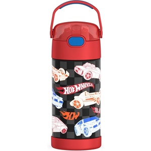 THERMOS FUNTAINER Water Bottle with Straw – 12 Ounce – Kids Stainless Steel Vacuum Insulated Water Bottle with Lid, Hot Wheels(Hot Wheels)