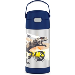 THERMOS FUNTAINER Water Bottle with Straw – 12 Ounce – Kids Stainless Steel Vacuum Insulated Water Bottle with Lid, Hot Wheels(Jurassic World)