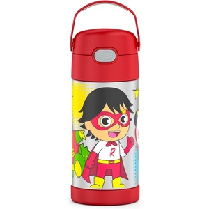 THERMOS FUNTAINER Water Bottle with Straw – 12 Ounce – Kids Stainless Steel Vacuum Insulated Water Bottle with Lid, Hot Wheels(Ryan’s World)