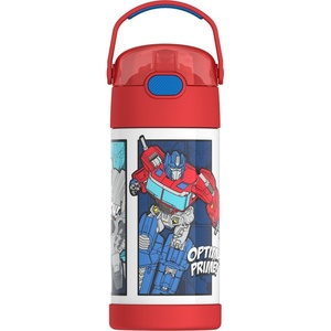 THERMOS FUNTAINER Water Bottle with Straw – 12 Ounce – Kids Stainless Steel Vacuum Insulated Water Bottle with Lid, Hot Wheels(Transformers)